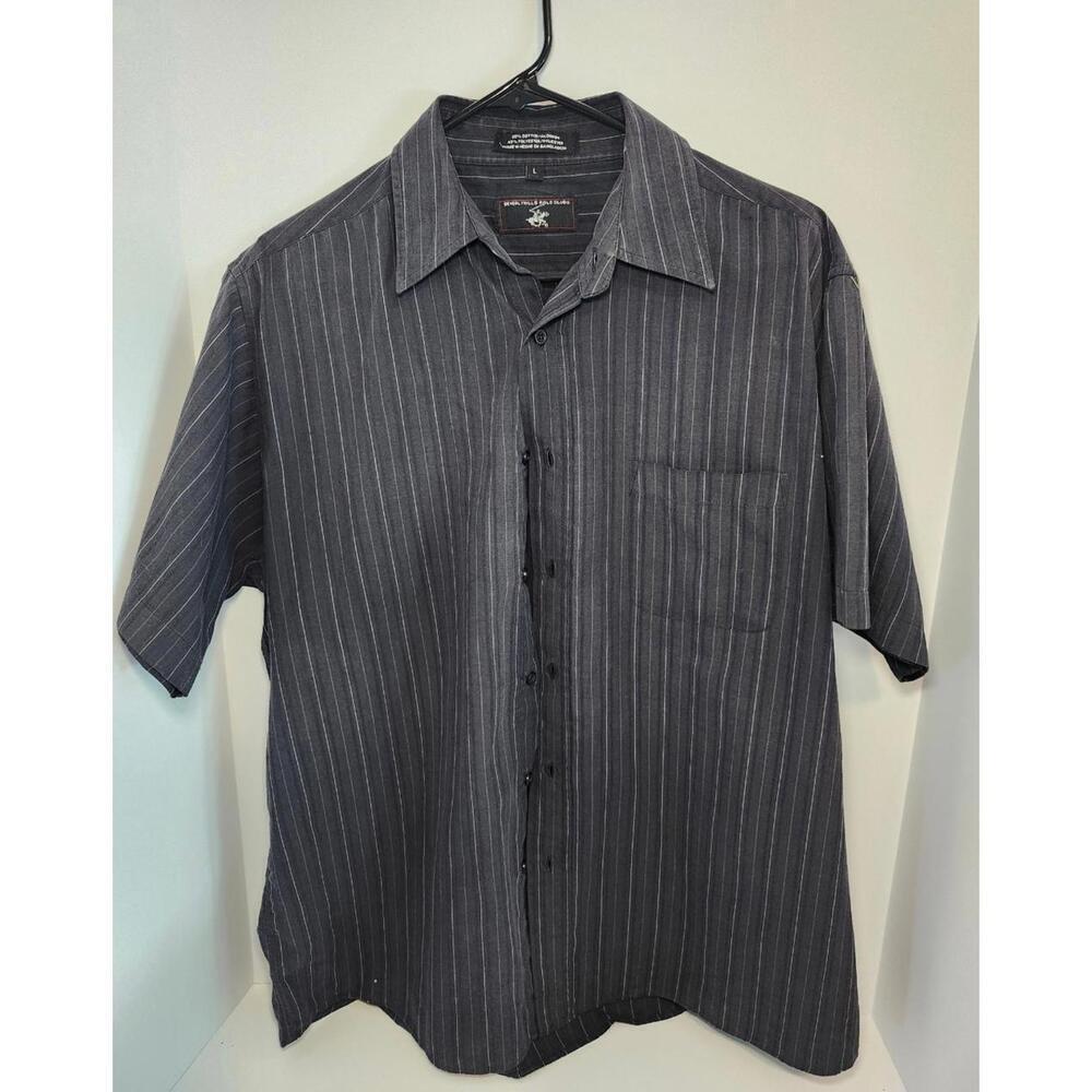 Beverly Hills Polo Club Button-Down Charcoal Sz L Short Sleeve Casual Pinstripe